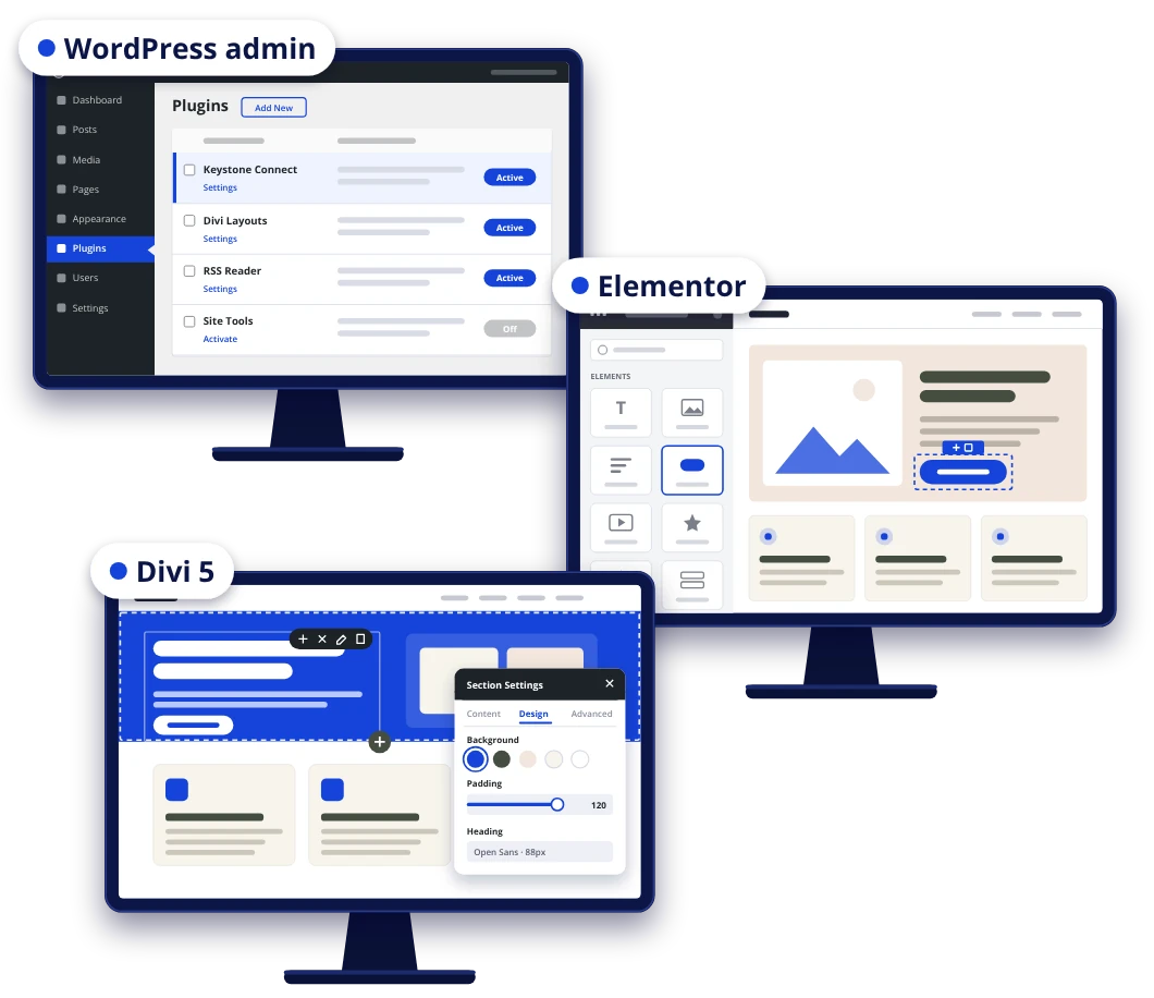 Three screens showing Keystone Connect at work: the WordPress admin plugins page, the Elementor editor and the Divi 5 builder